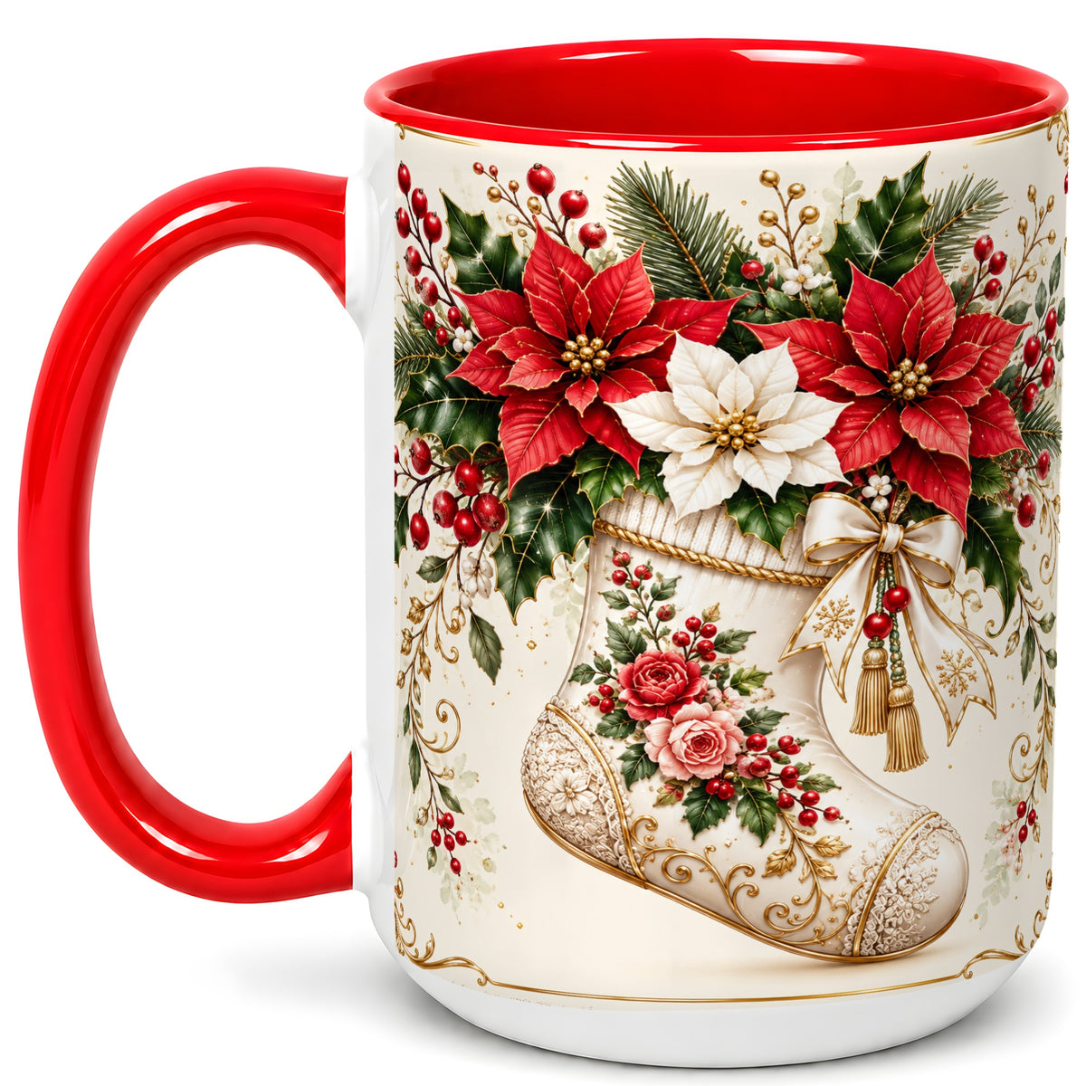 #pl[15oz|Red] Christmas Stocking Coffee Mug, Vintage Floral Mug, Ceramic Cup
