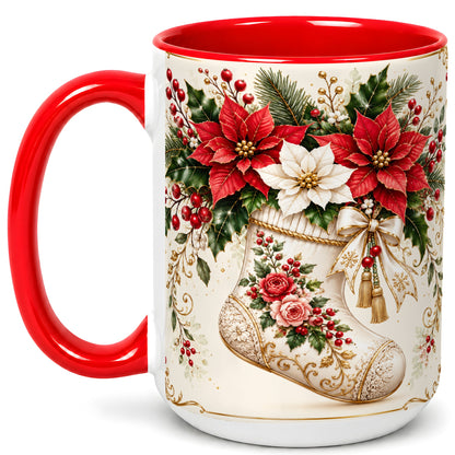 #pl[15oz|Red] Christmas Stocking Coffee Mug, Vintage Floral Mug, Ceramic Cup
