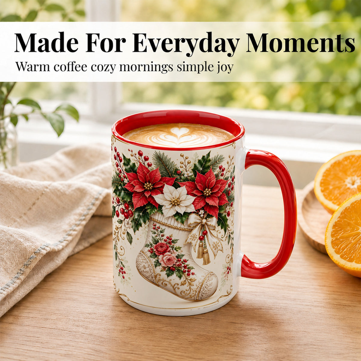 #pl[15oz|Red] Christmas Stocking Coffee Mug, Vintage Floral Mug, Ceramic Cup