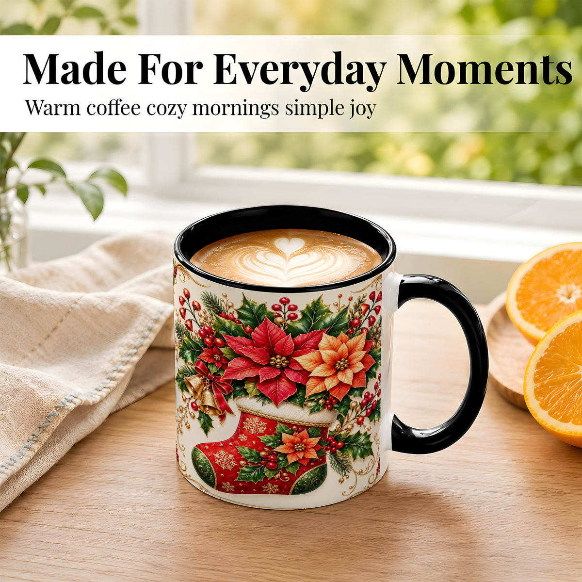 #pl[11oz|Black] Christmas Stocking Coffee Mug, Golden Bells Mug, Ceramic Cup