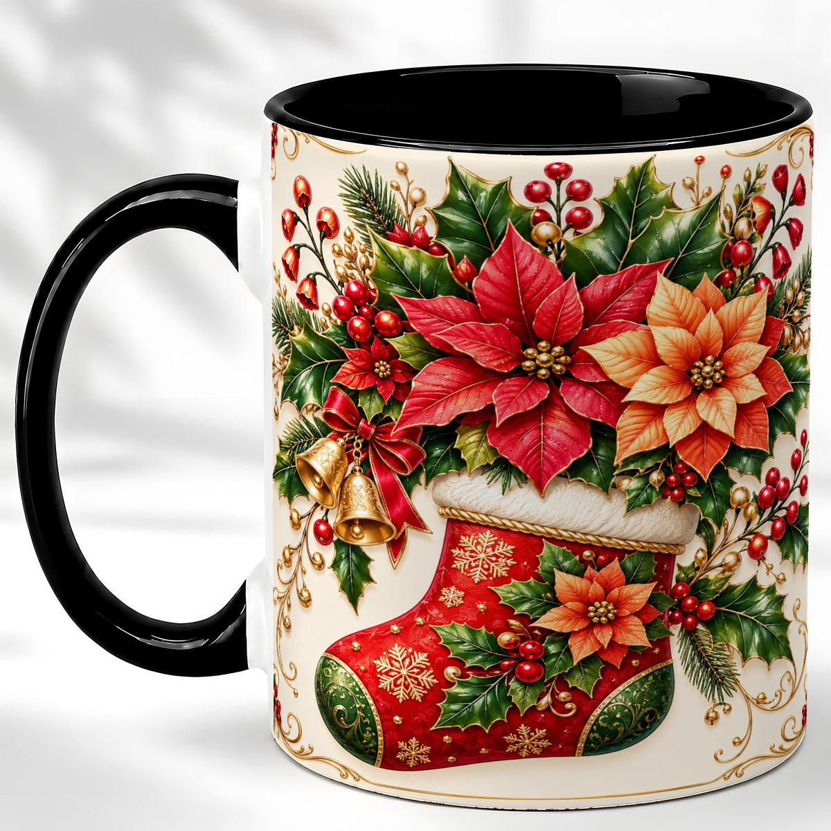 #pl[11oz|Black] Christmas Stocking Coffee Mug, Golden Bells Mug, Ceramic Cup