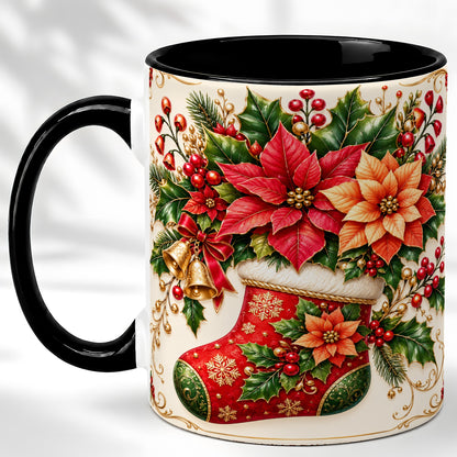 #pl[11oz|Black] Christmas Stocking Coffee Mug, Golden Bells Mug, Ceramic Cup