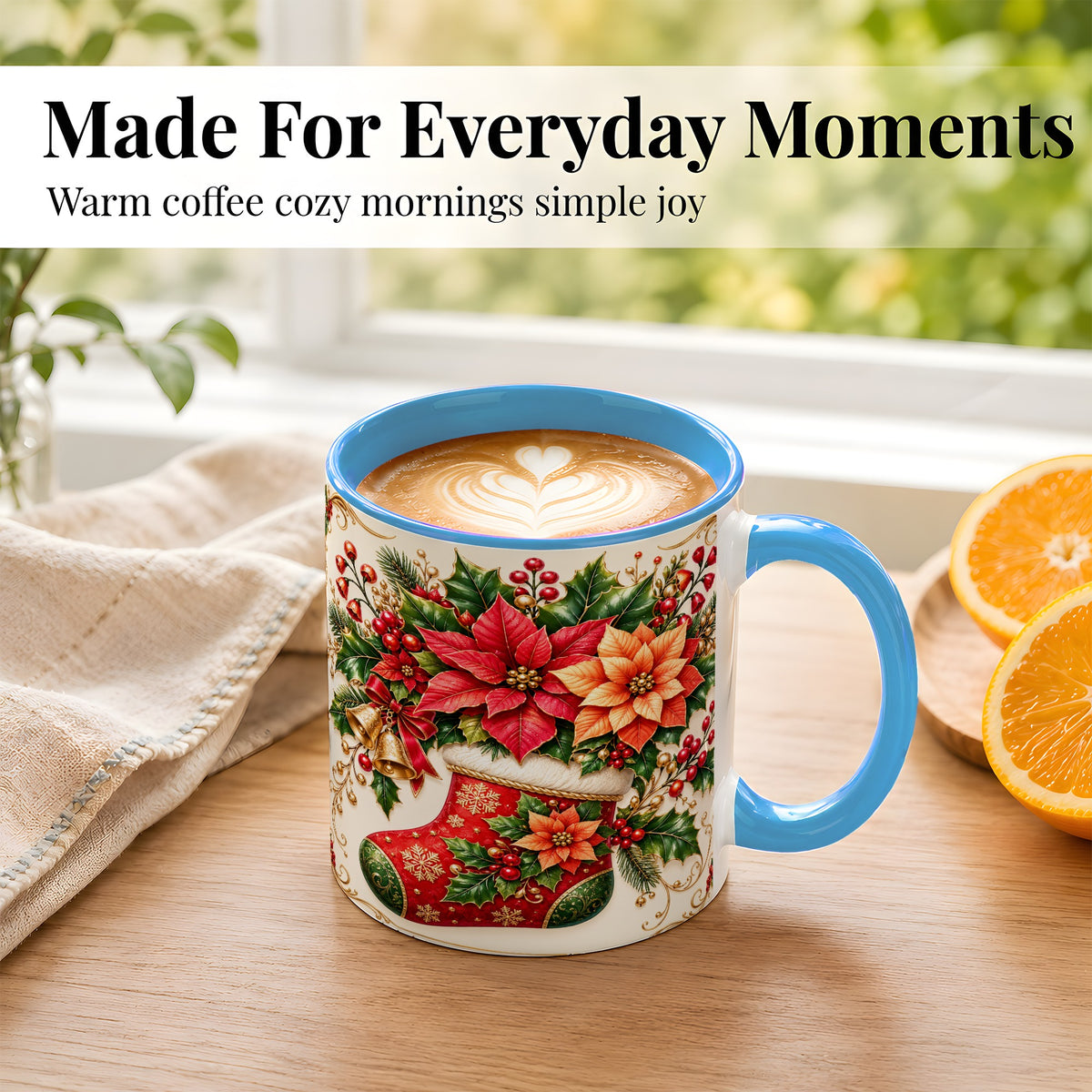 #pl[11oz|Blue] Christmas Stocking Coffee Mug, Golden Bells Mug, Ceramic Cup