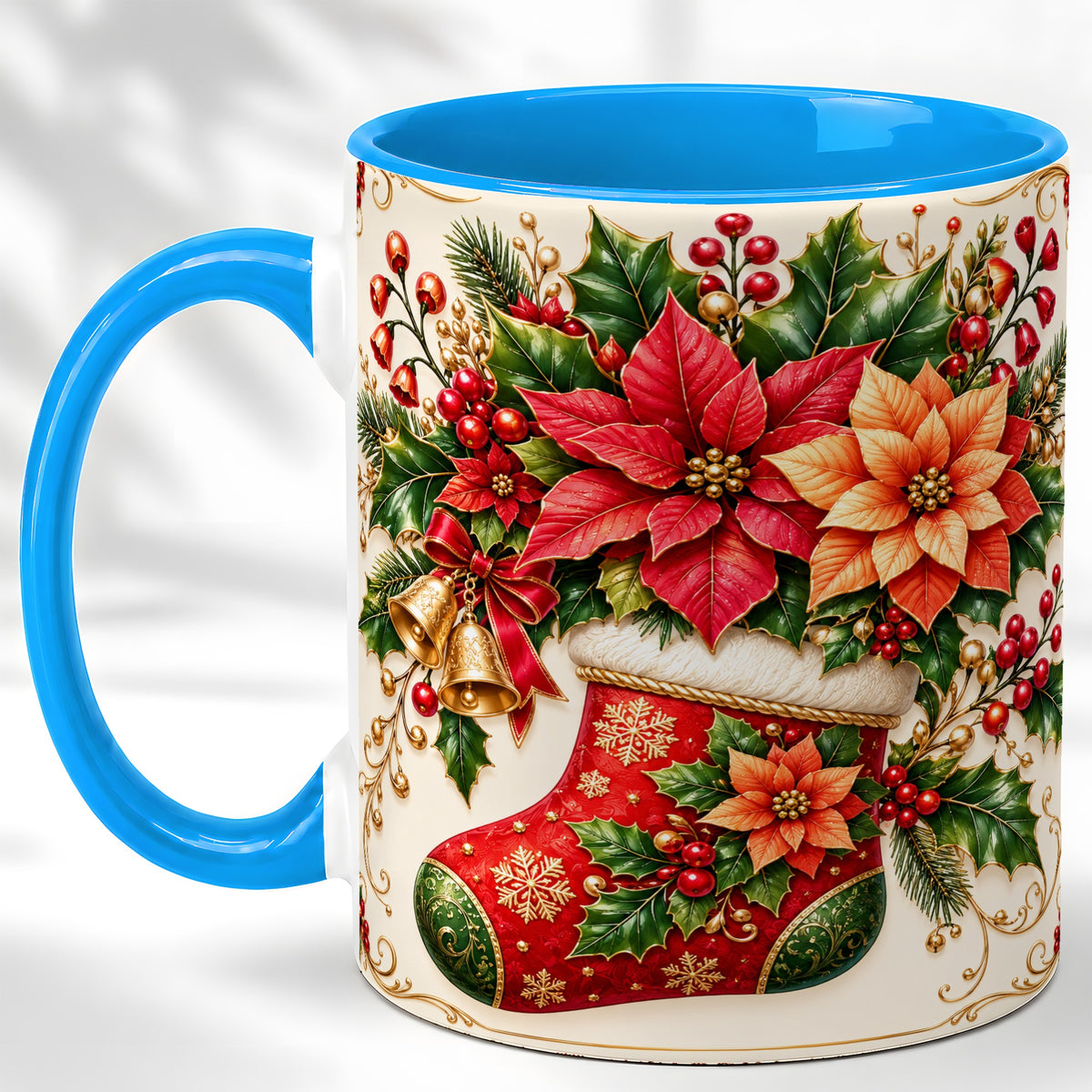 #pl[11oz|Blue] Christmas Stocking Coffee Mug, Golden Bells Mug, Ceramic Cup
