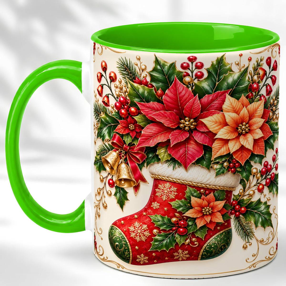 #pl[11oz|Green] Christmas Stocking Coffee Mug, Golden Bells Mug, Ceramic Cup