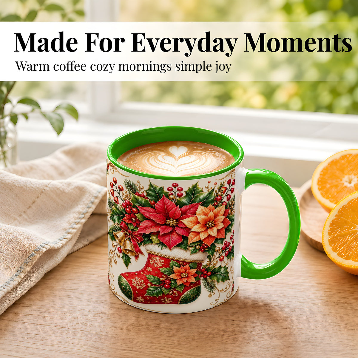 #pl[11oz|Green] Christmas Stocking Coffee Mug, Golden Bells Mug, Ceramic Cup