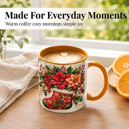 #pl[11oz|Orange] Christmas Stocking Coffee Mug, Golden Bells Mug, Ceramic Cup