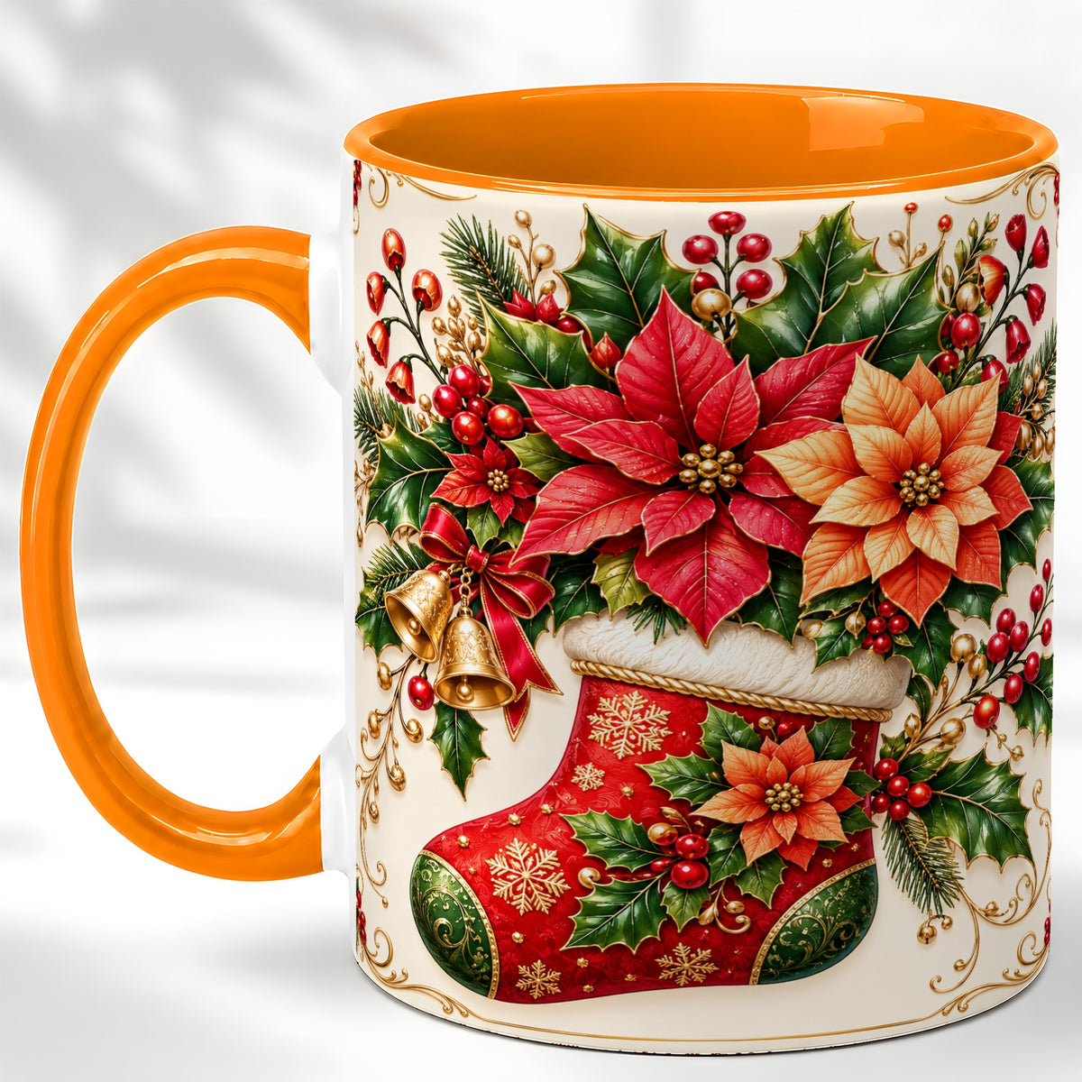 #pl[11oz|Orange] Christmas Stocking Coffee Mug, Golden Bells Mug, Ceramic Cup