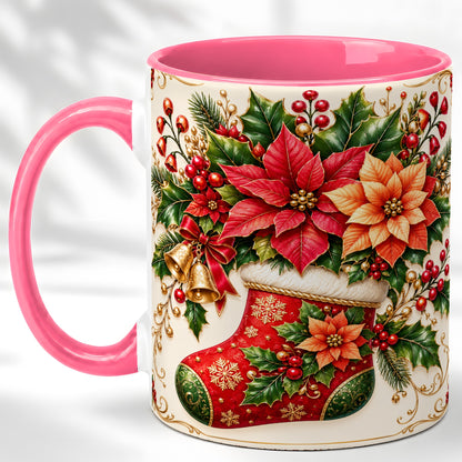 #pl[11oz|Pink] Christmas Stocking Coffee Mug, Golden Bells Mug, Ceramic Cup