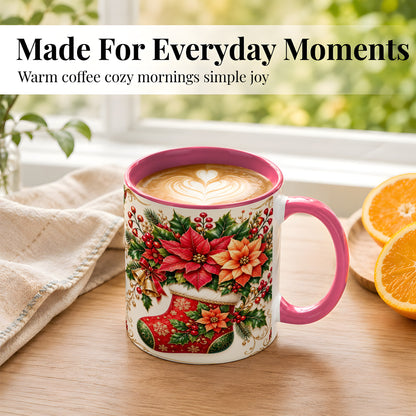 #pl[11oz|Pink] Christmas Stocking Coffee Mug, Golden Bells Mug, Ceramic Cup