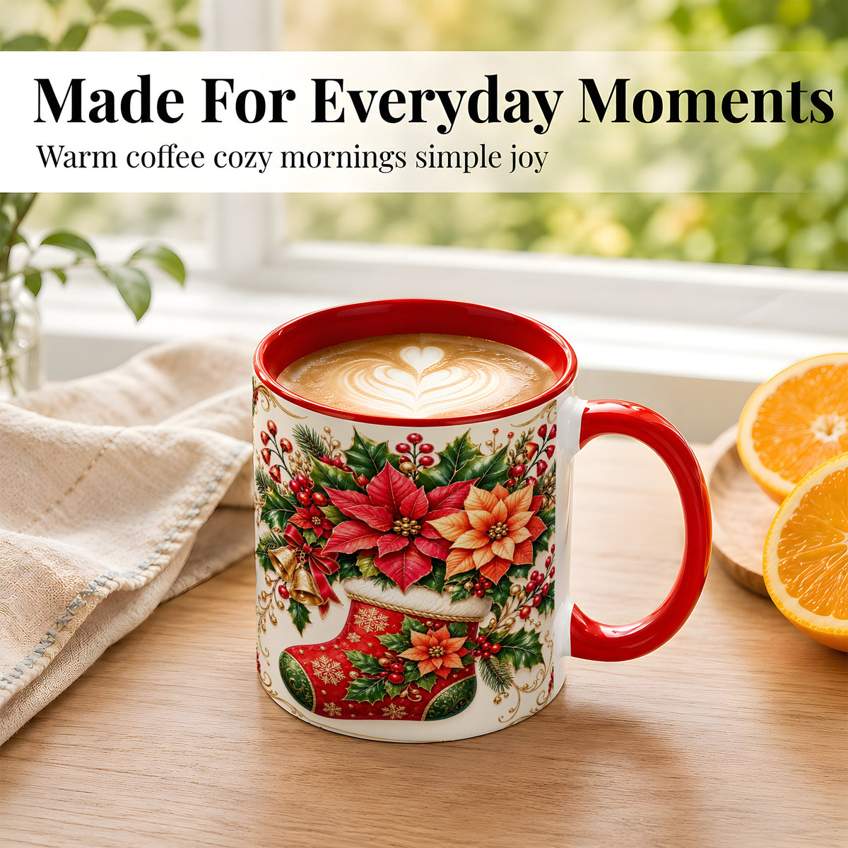 #pl[11oz|Red] Christmas Stocking Coffee Mug, Golden Bells Mug, Ceramic Cup