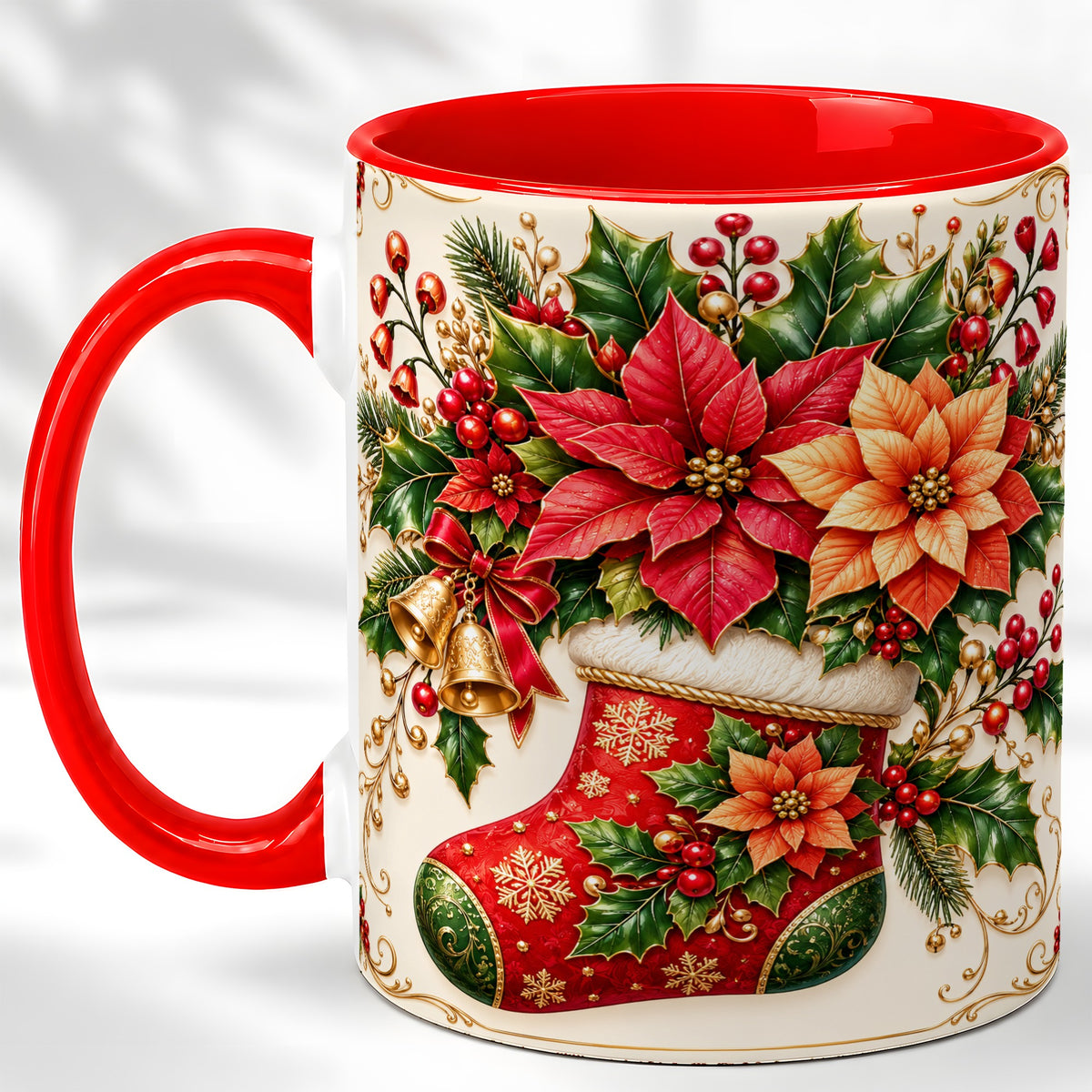 Christmas Stocking Coffee Mug, Golden Bells Mug, Ceramic Cup