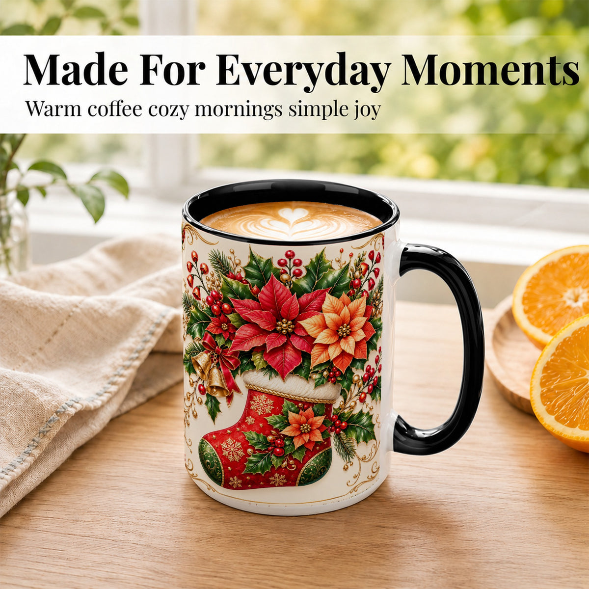 #pl[15oz|Black] Christmas Stocking Coffee Mug, Golden Bells Mug, Ceramic Cup