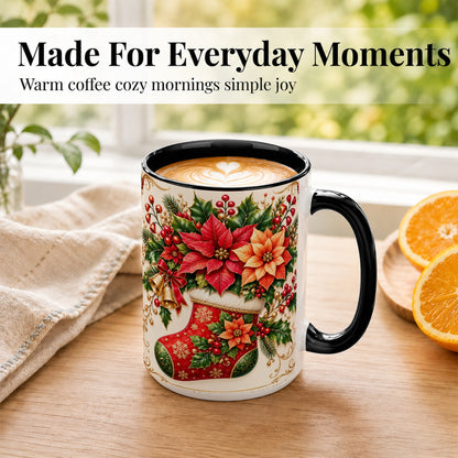 #pl[15oz|Black] Christmas Stocking Coffee Mug, Golden Bells Mug, Ceramic Cup