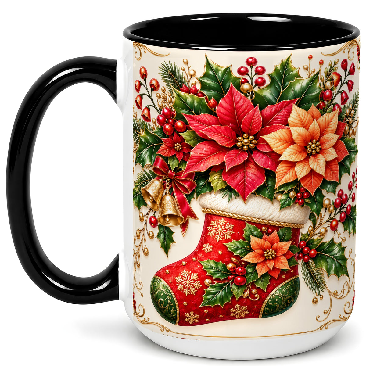 #pl[15oz|Black] Christmas Stocking Coffee Mug, Golden Bells Mug, Ceramic Cup
