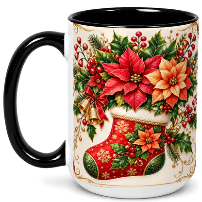 #pl[15oz|Black] Christmas Stocking Coffee Mug, Golden Bells Mug, Ceramic Cup