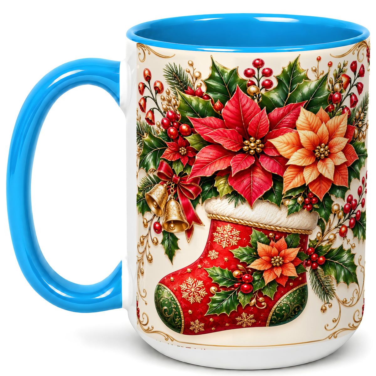 #pl[15oz|Blue] Christmas Stocking Coffee Mug, Golden Bells Mug, Ceramic Cup