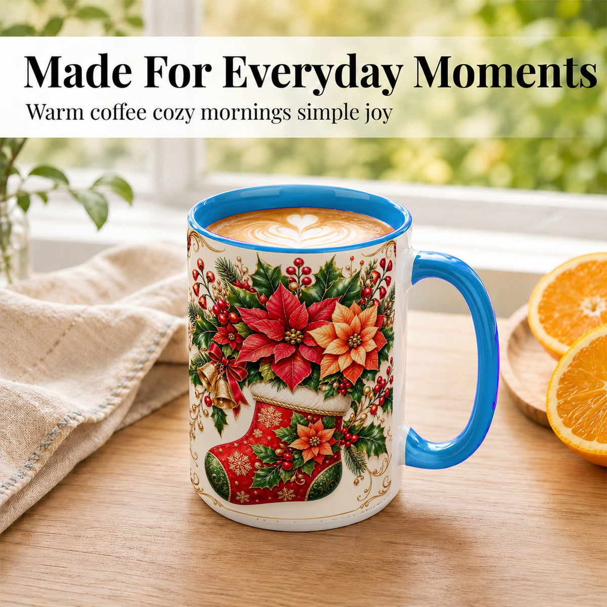#pl[15oz|Blue] Christmas Stocking Coffee Mug, Golden Bells Mug, Ceramic Cup