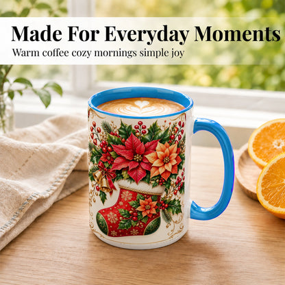 #pl[15oz|Blue] Christmas Stocking Coffee Mug, Golden Bells Mug, Ceramic Cup