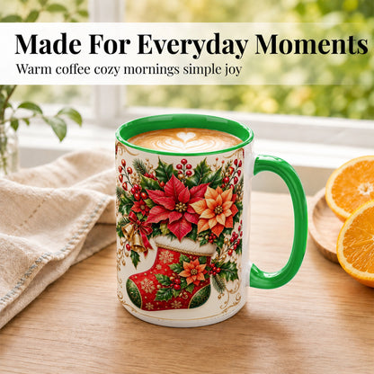 #pl[15oz|Green] Christmas Stocking Coffee Mug, Golden Bells Mug, Ceramic Cup