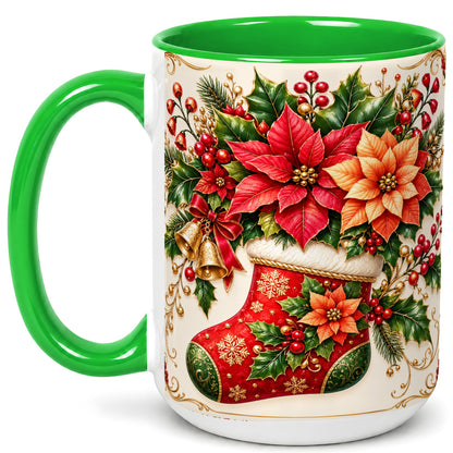 #pl[15oz|Green] Christmas Stocking Coffee Mug, Golden Bells Mug, Ceramic Cup