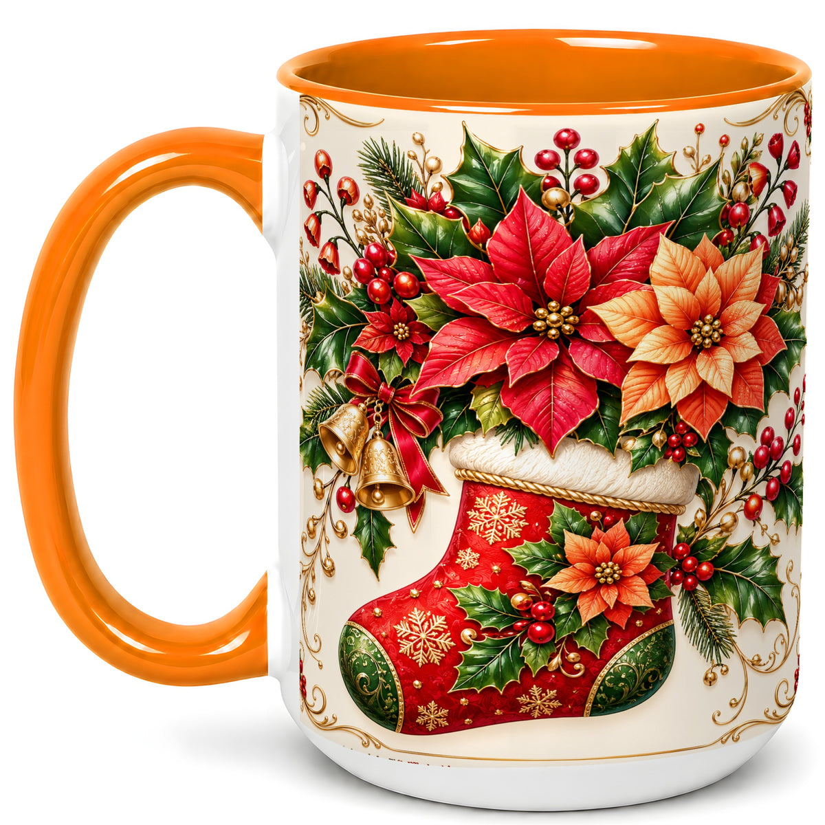 #pl[15oz|Orange] Christmas Stocking Coffee Mug, Golden Bells Mug, Ceramic Cup