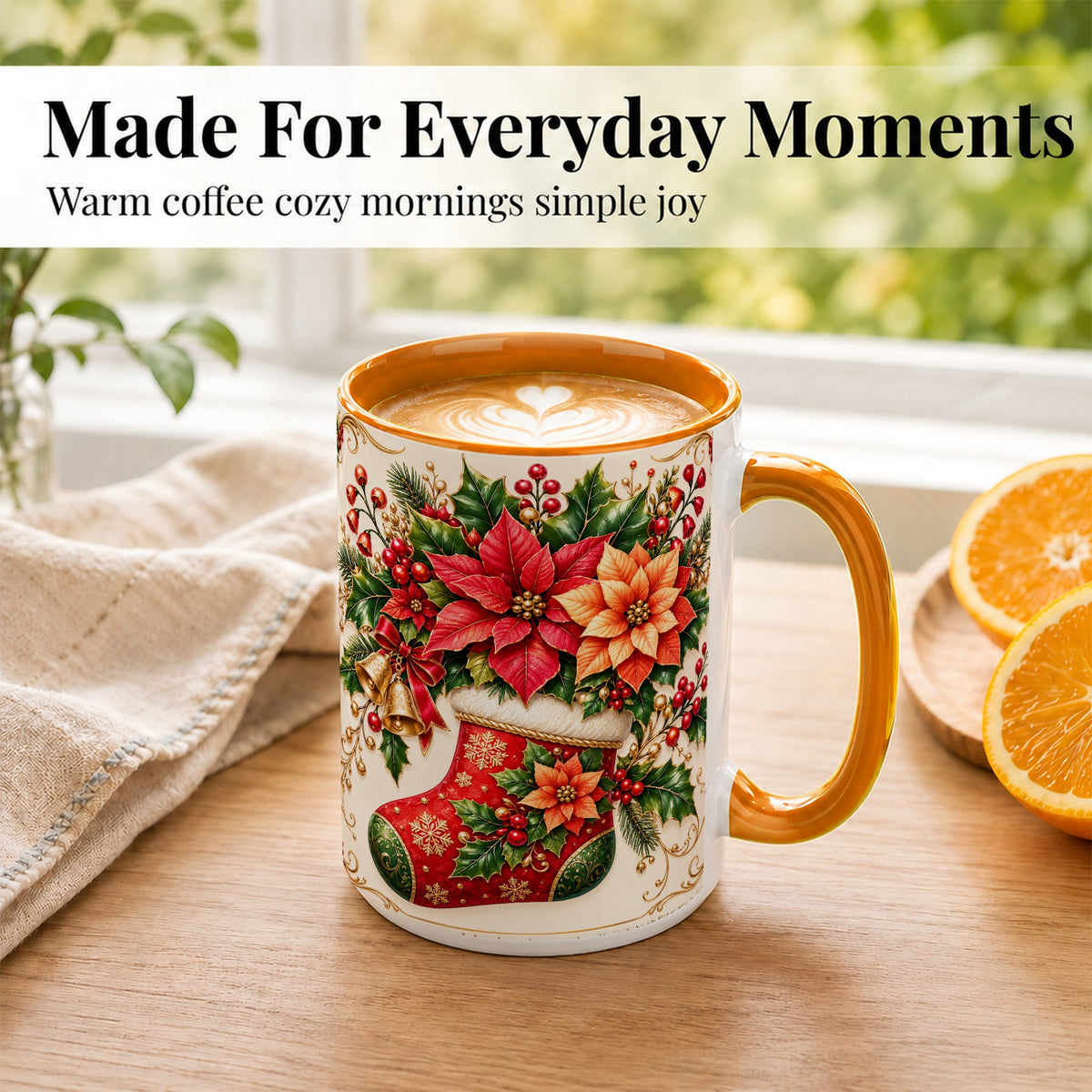#pl[15oz|Orange] Christmas Stocking Coffee Mug, Golden Bells Mug, Ceramic Cup