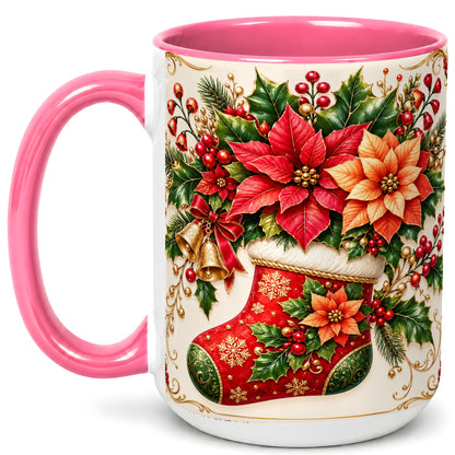 #pl[15oz|Pink] Christmas Stocking Coffee Mug, Golden Bells Mug, Ceramic Cup