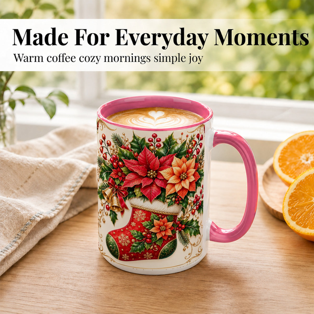 #pl[15oz|Pink] Christmas Stocking Coffee Mug, Golden Bells Mug, Ceramic Cup