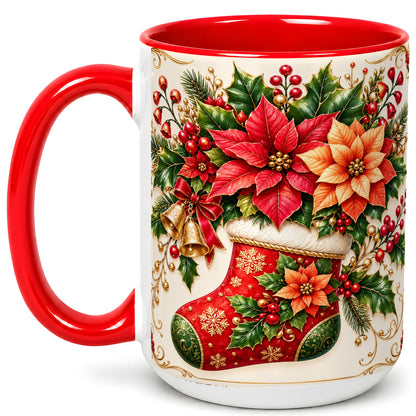 #pl[15oz|Red] Christmas Stocking Coffee Mug, Golden Bells Mug, Ceramic Cup