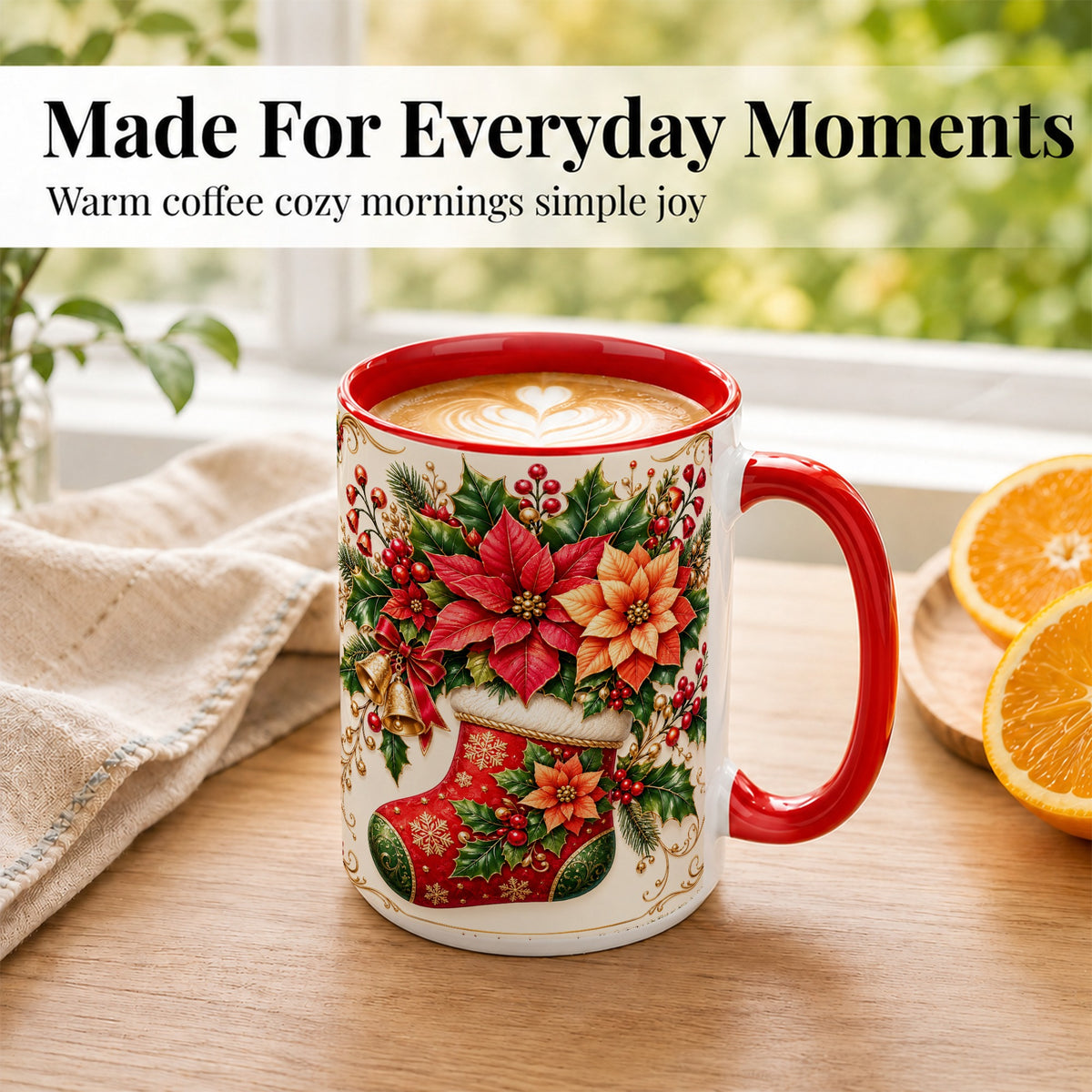 #pl[15oz|Red] Christmas Stocking Coffee Mug, Golden Bells Mug, Ceramic Cup