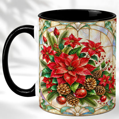 #pl[11oz|Black] Christmas Poinsettia Coffee Mug, Stained Glass Style Mug, Ceramic Cup