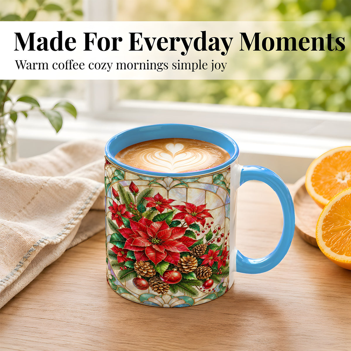 #pl[11oz|Blue] Christmas Poinsettia Coffee Mug, Stained Glass Style Mug, Ceramic Cup
