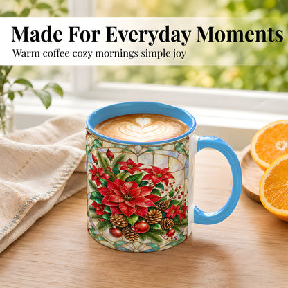 #pl[11oz|Blue] Christmas Poinsettia Coffee Mug, Stained Glass Style Mug, Ceramic Cup