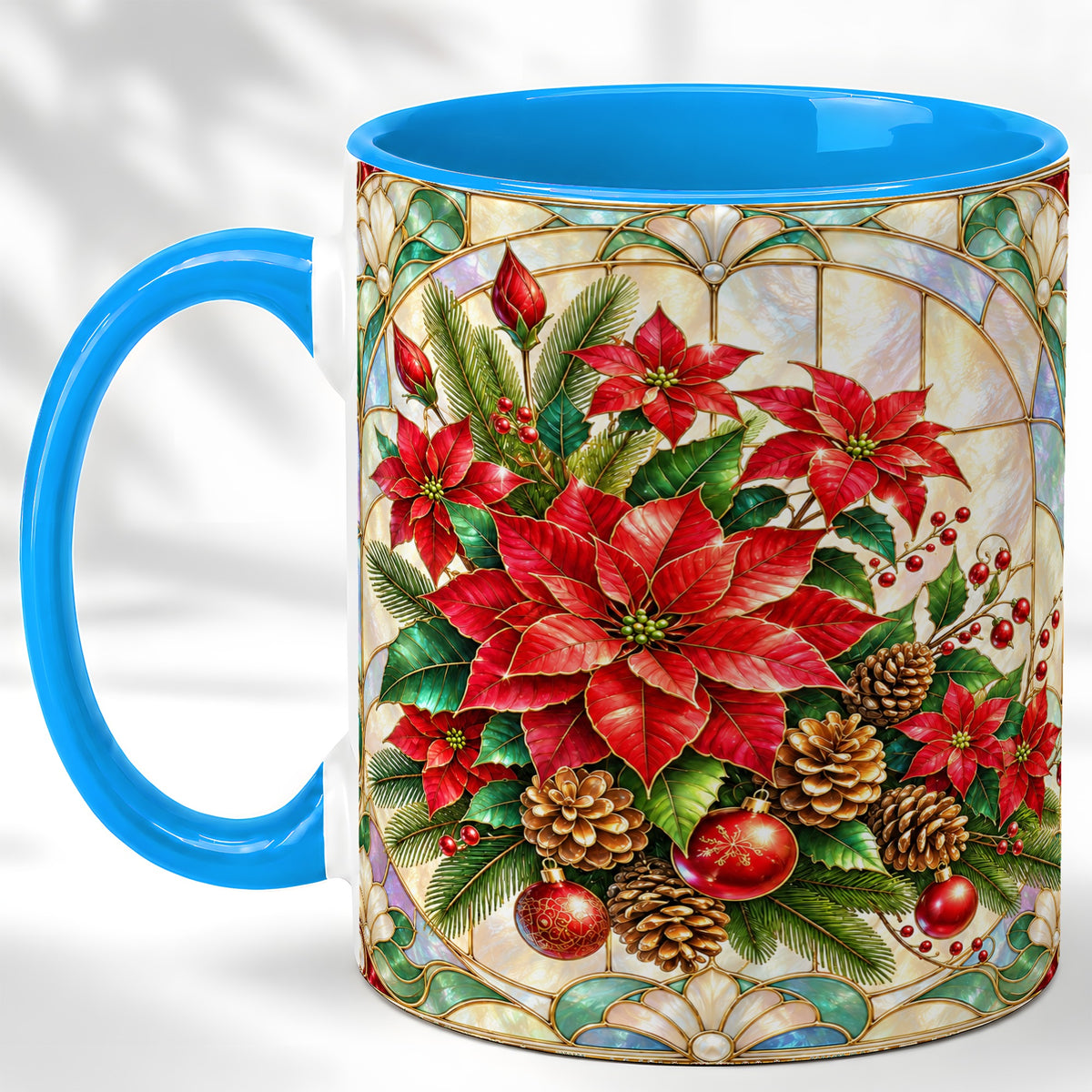 #pl[11oz|Blue] Christmas Poinsettia Coffee Mug, Stained Glass Style Mug, Ceramic Cup