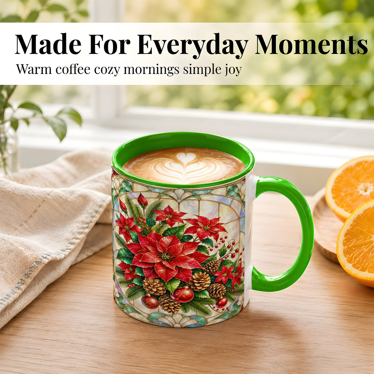#pl[11oz|Green] Christmas Poinsettia Coffee Mug, Stained Glass Style Mug, Ceramic Cup