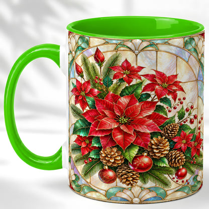 #pl[11oz|Green] Christmas Poinsettia Coffee Mug, Stained Glass Style Mug, Ceramic Cup