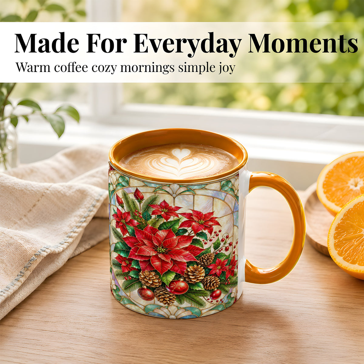 #pl[11oz|Orange] Christmas Poinsettia Coffee Mug, Stained Glass Style Mug, Ceramic Cup