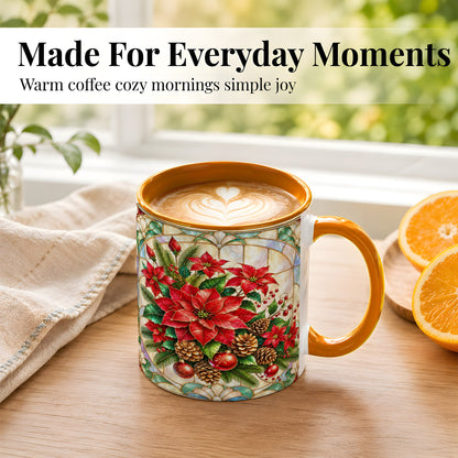 #pl[11oz|Orange] Christmas Poinsettia Coffee Mug, Stained Glass Style Mug, Ceramic Cup