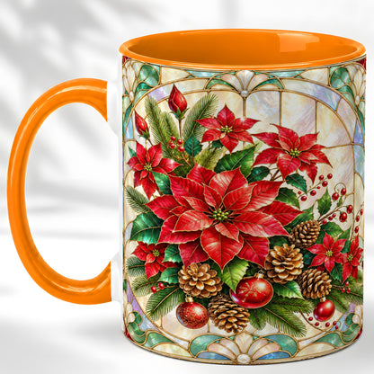 #pl[11oz|Orange] Christmas Poinsettia Coffee Mug, Stained Glass Style Mug, Ceramic Cup