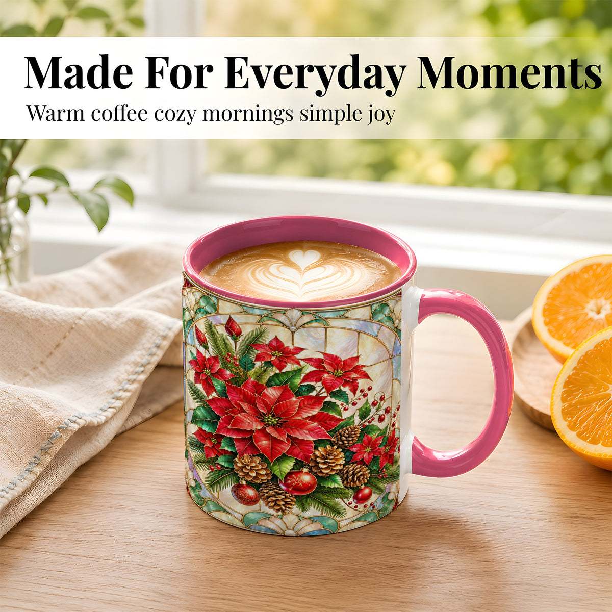 #pl[11oz|Pink] Christmas Poinsettia Coffee Mug, Stained Glass Style Mug, Ceramic Cup