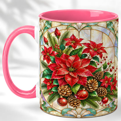 #pl[11oz|Pink] Christmas Poinsettia Coffee Mug, Stained Glass Style Mug, Ceramic Cup