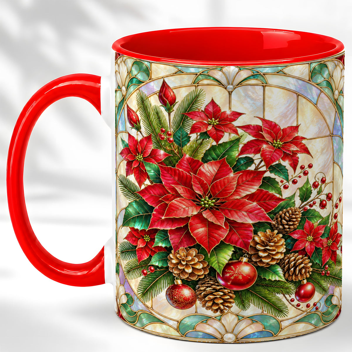 Christmas Poinsettia Coffee Mug, Stained Glass Style Mug, Ceramic Cup