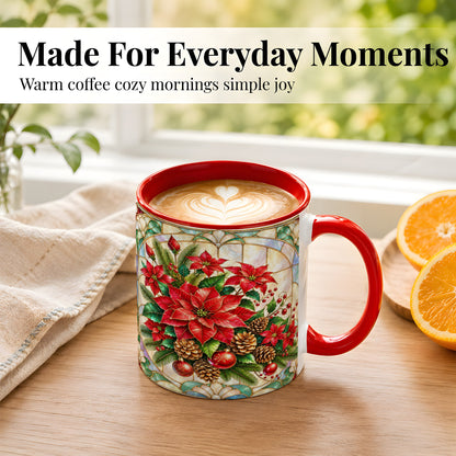 #pl[11oz|Red] Christmas Poinsettia Coffee Mug, Stained Glass Style Mug, Ceramic Cup