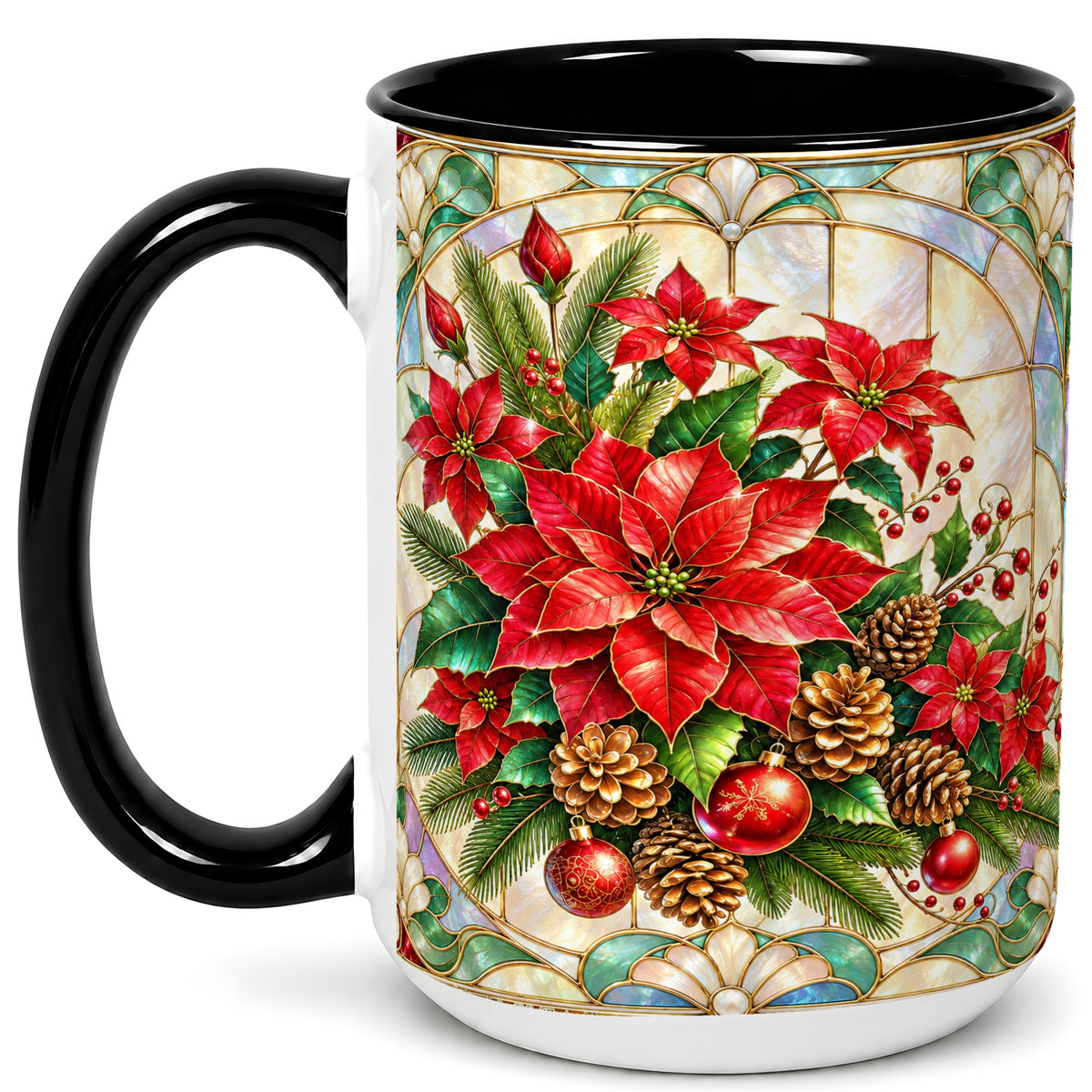 #pl[15oz|Black] Christmas Poinsettia Coffee Mug, Stained Glass Style Mug, Ceramic Cup