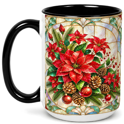 #pl[15oz|Black] Christmas Poinsettia Coffee Mug, Stained Glass Style Mug, Ceramic Cup