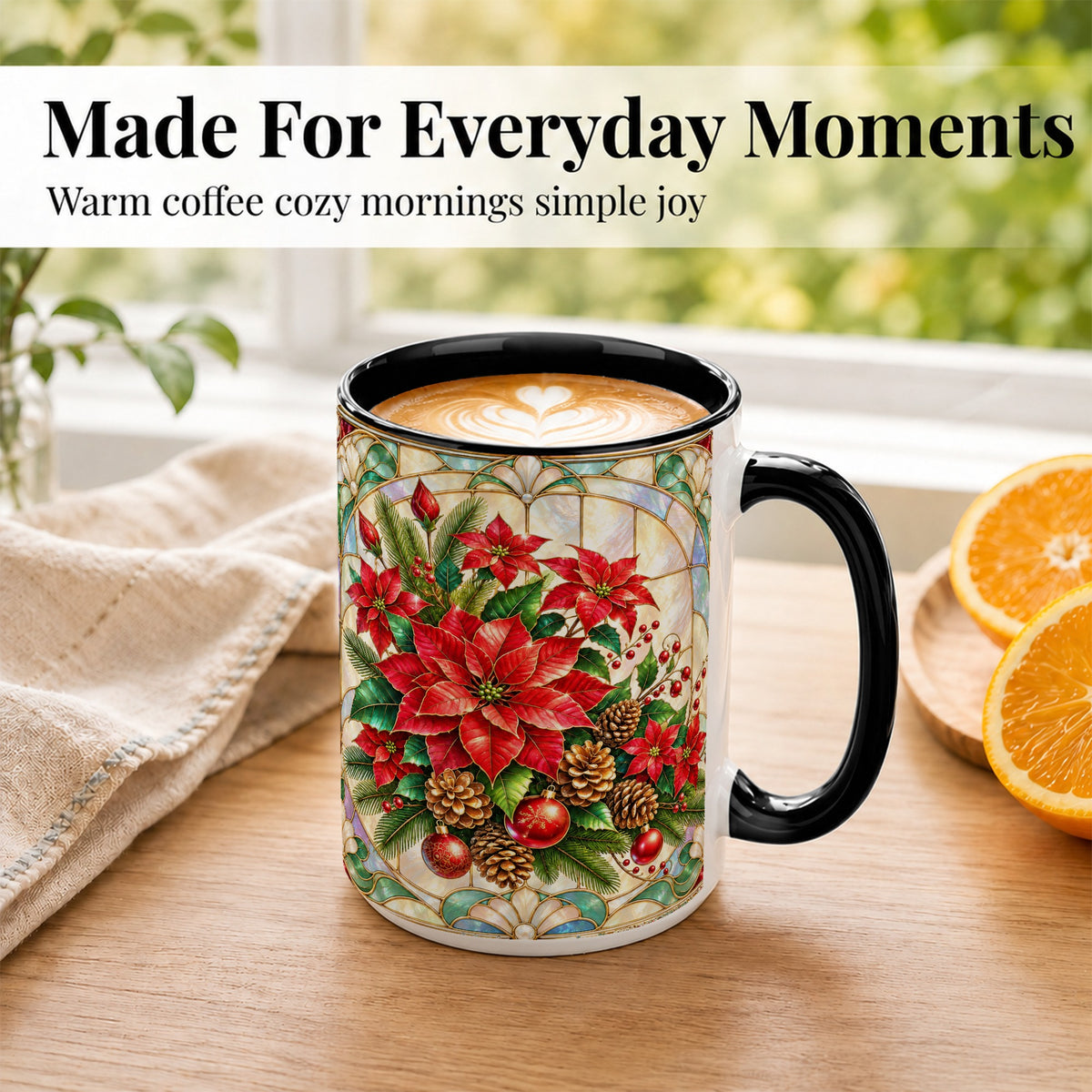 #pl[15oz|Black] Christmas Poinsettia Coffee Mug, Stained Glass Style Mug, Ceramic Cup