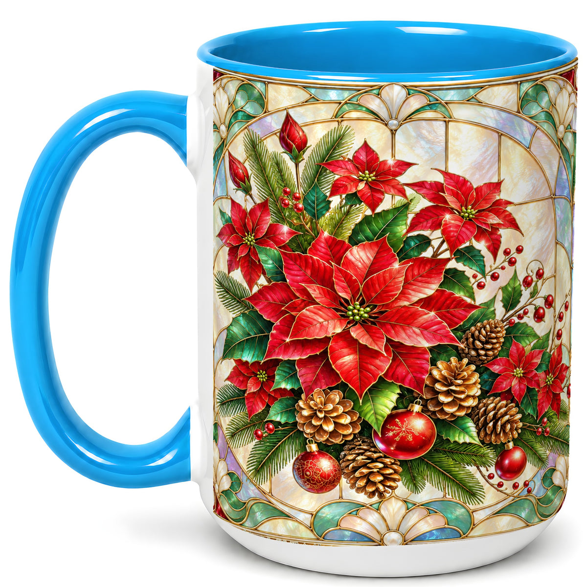 #pl[15oz|Blue] Christmas Poinsettia Coffee Mug, Stained Glass Style Mug, Ceramic Cup