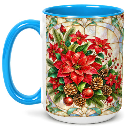 #pl[15oz|Blue] Christmas Poinsettia Coffee Mug, Stained Glass Style Mug, Ceramic Cup