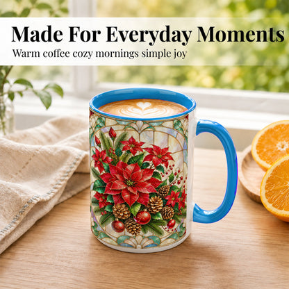 #pl[15oz|Blue] Christmas Poinsettia Coffee Mug, Stained Glass Style Mug, Ceramic Cup